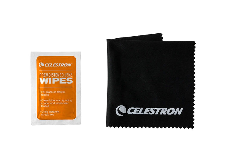 Celestron Deluxe Lens Cleaning Kit with cleaning cloth, brushes, and solutions for telescope and camera lens maintenance.
