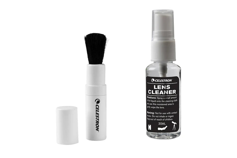 Celestron Deluxe Lens Cleaning Kit with microfiber cloths, cleaning solution, and brushes for telescope and camera lens maintenance