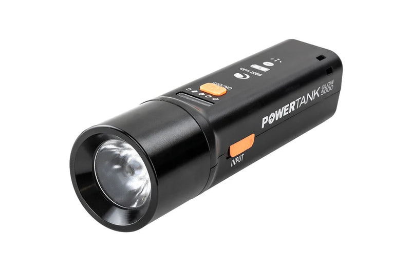 Celestron PowerTank Glow 5000 red flashlight and portable charger with LED light and USB ports for outdoor and emergency use.