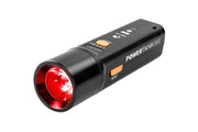 Celestron PowerTank Glow 5000 red flashlight and portable charger with built-in LED light and multiple charging ports.
