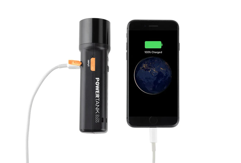 Celestron PowerTank Glow 5000 red flashlight and portable charger with ergonomic design and LED light for outdoor use
