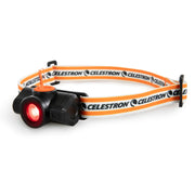 Celestron night vision red headlamp with adjustable strap and bright LED light for hands-free illumination during outdoor activities.