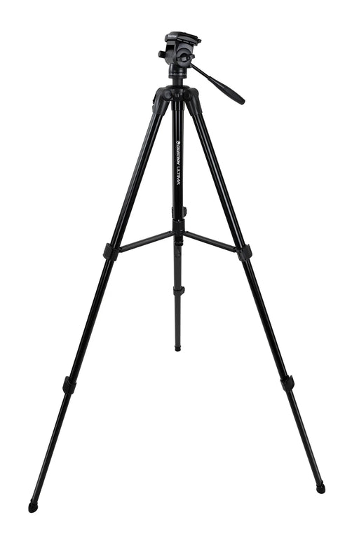 Celestron Ultima pan tilt head tripod for telescopes, featuring adjustable legs and a sturdy mount for stable astronomical viewing.