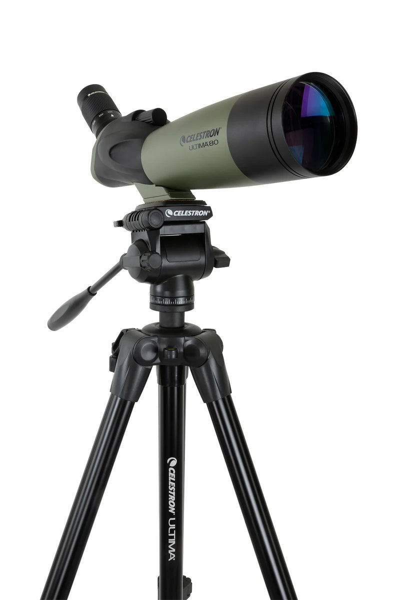 Celestron Ultima tripod with pan-tilt head for telescopes and optical equipment, sturdy black mount with adjustable controls.
