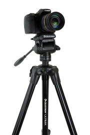 Celestron Ultima pan-tilt head tripod for telescope mounts, with adjustable legs and secure mounting platform.