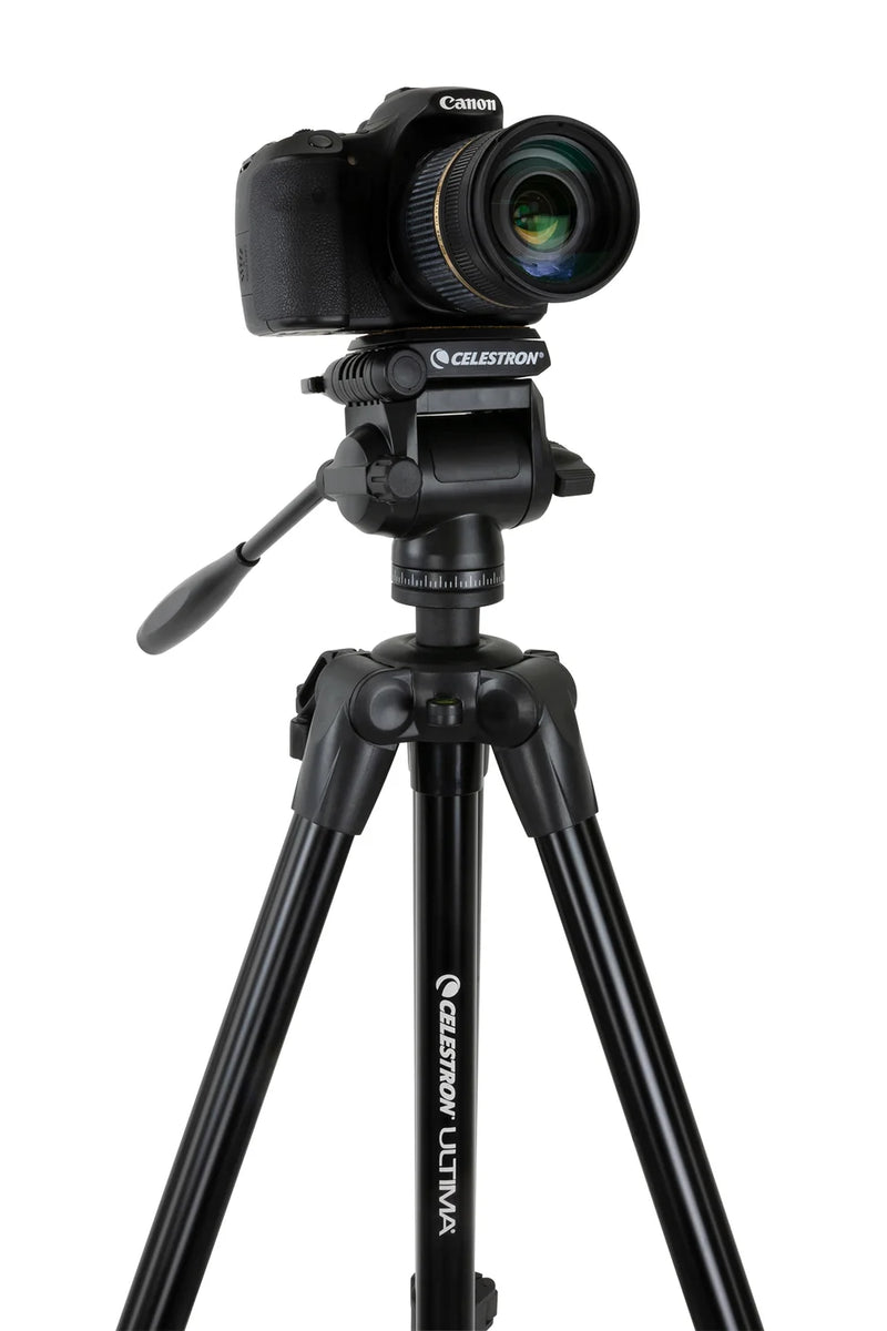 Celestron Ultima pan-tilt head tripod for telescope mounts, with adjustable legs and secure mounting platform.