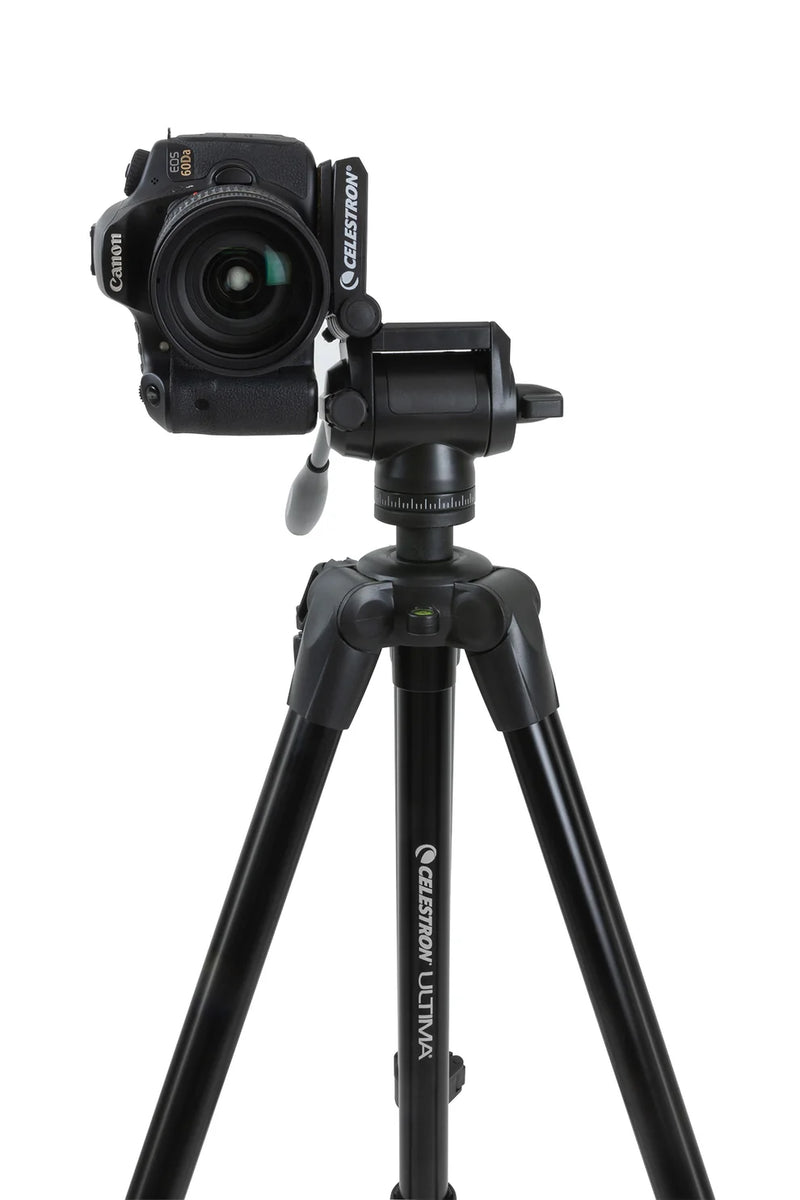 Celestron Ultima Pan Tilt Head Tripod for telescope mounts, featuring adjustable legs and a secure mounting head for stable positioning.