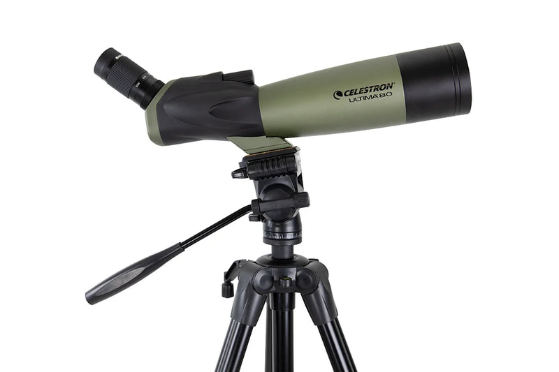 Celestron Ultima Pan Tilt Head Tripod for telescope mounts, featuring adjustable pan and tilt controls on a sturdy tripod base.