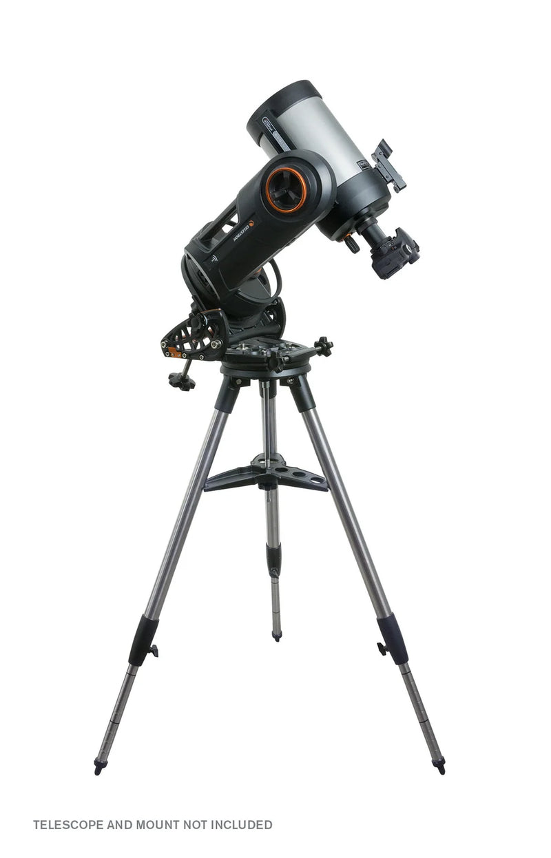 Celestron NexStar Evolution wedge mounted on telescope tripod, used for astrophotography and precise positioning of Celestron telescopes.