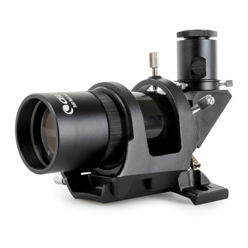 Celestron 9x50 right angle correct image finderscope with non-illuminated optics, designed for telescope navigation and star tracking.