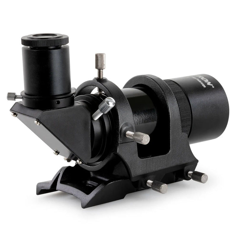 Celestron 9x50 right angle correct image finderscope for telescopes, non-illuminated, with adjustable focusing and mounting hardware.