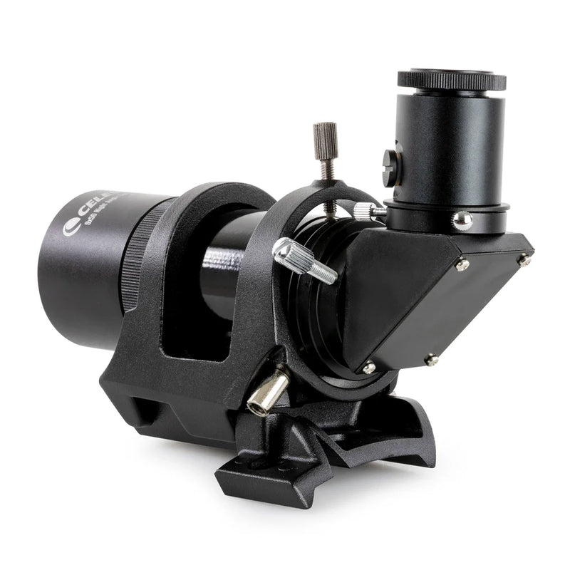 Celestron 9x50 right angle correct image finderscope for telescopes, non-illuminated, with adjustable mounting bracket.