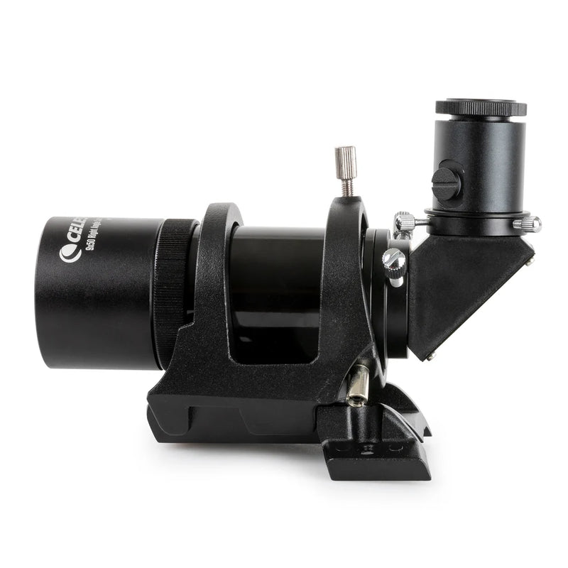 Celestron 9x50 right angle correct image finderscope for telescopes, non-illuminated, with adjustable focus and mounting bracket.