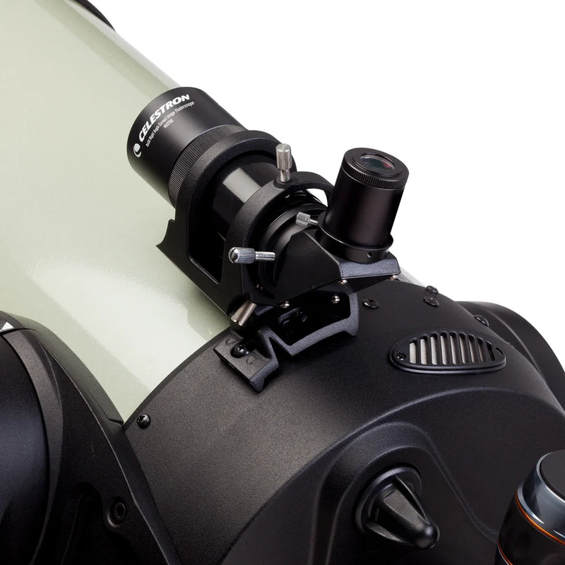 Celestron 9x50 right angle correct image finderscope, non-illuminated, with adjustable mounting bracket for telescope accessories.