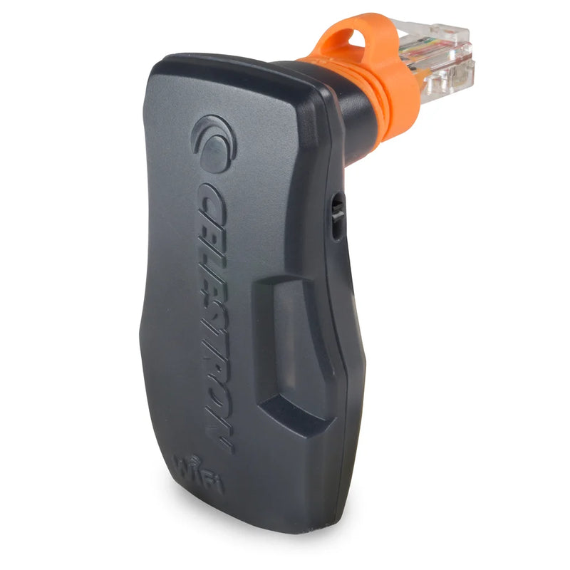 Celestron SkyPortal WiFi Module for telescope control, small black accessory with Celestron branding and connection ports