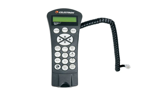 Celestron NexStar+ Hand Control USB for AZ telescopes, showing the compact control device with buttons and screen for star alignment.