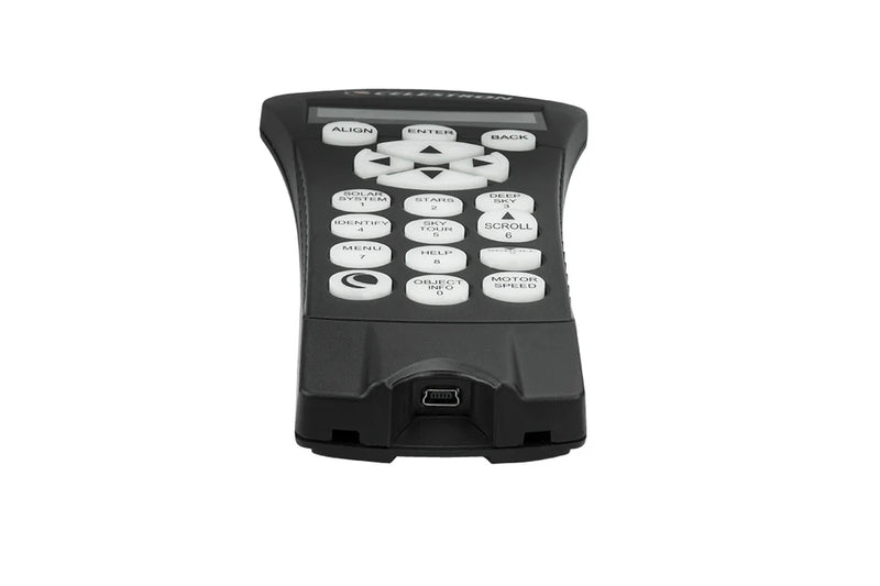 Celestron NexStar+ Hand Control USB for equatorial telescopes, showing buttons and display screen in a close-up shot.