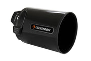 Celestron 6-inch aluminum dew shield and cap for telescope accessories, with protective cover and sleek metallic finish.