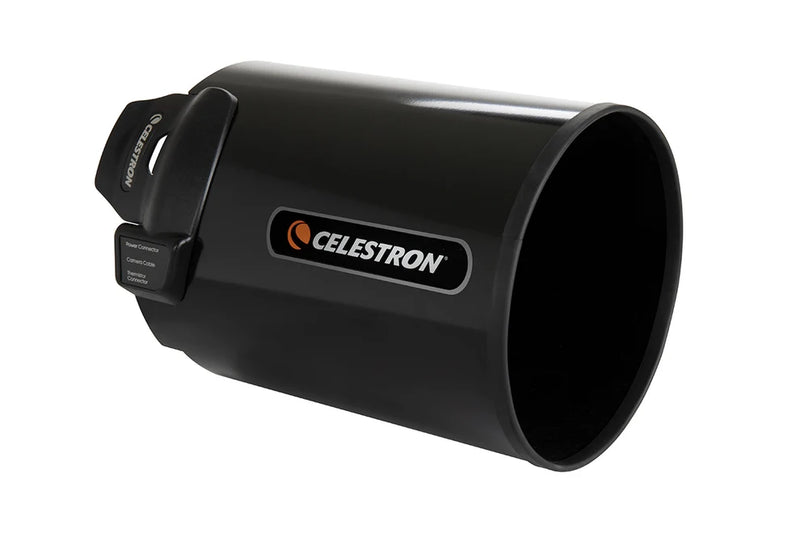 Celestron 6-inch aluminum dew shield and cap for telescope accessories, with protective cover and sleek metallic finish.