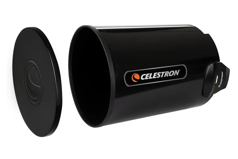 Celestron 8-inch aluminum dew shield with cover cap, accessory for telescope protection and dew prevention.