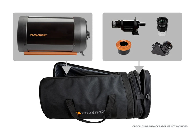Celestron padded soft case for 11-inch OTAs telescope, black protective bag with zipper for accessories storage.