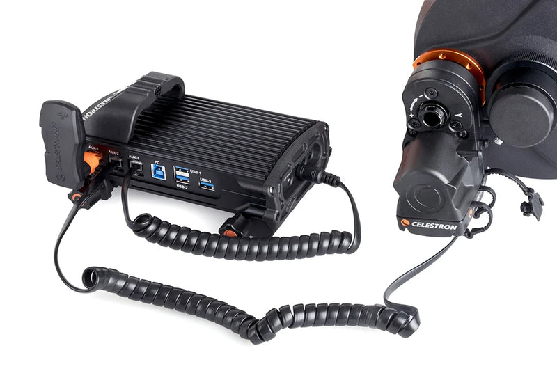 Celestron AUX power cable for smart dew heater controllers, black accessory with connectors for telescope dew prevention.