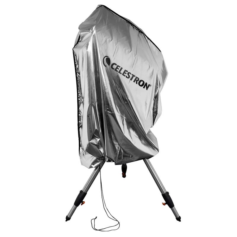 Celestron weatherproof telescope cover protecting a telescope from outdoor elements, made of durable, waterproof material.