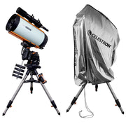 Celestron weatherproof telescope cover protecting a telescope from outdoor elements, made of durable, waterproof material.