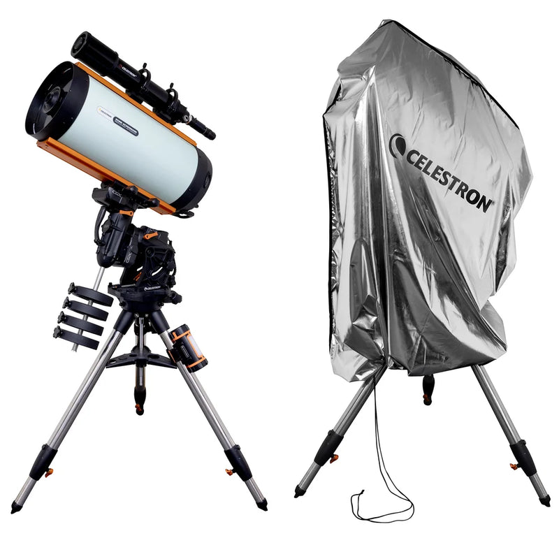 Celestron weatherproof telescope cover protecting a telescope from outdoor elements, made of durable, waterproof material.