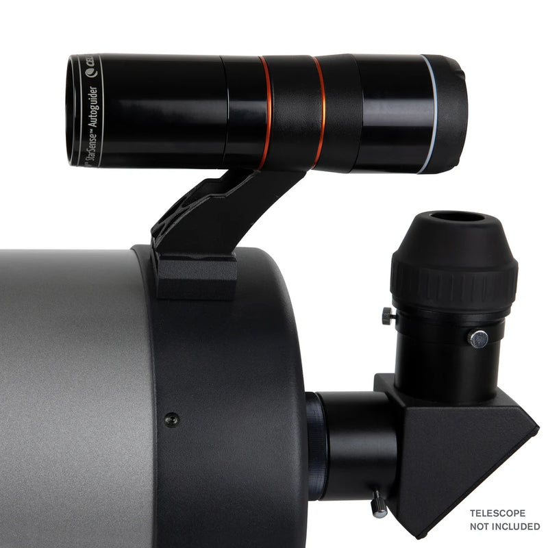 Celestron StarSense Autoguider V2 accessory for astrophotography, featuring a compact device with connection ports and LED indicators.