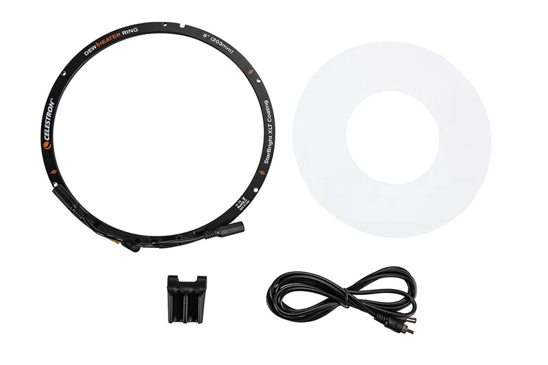 Celestron 8-inch dew heater ring for telescope accessories, featuring a black circular design and wiring for dew prevention.