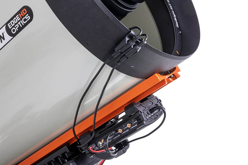 Celestron 14-inch dew heater ring attached to telescope, designed to prevent dew buildup during astronomical observations.