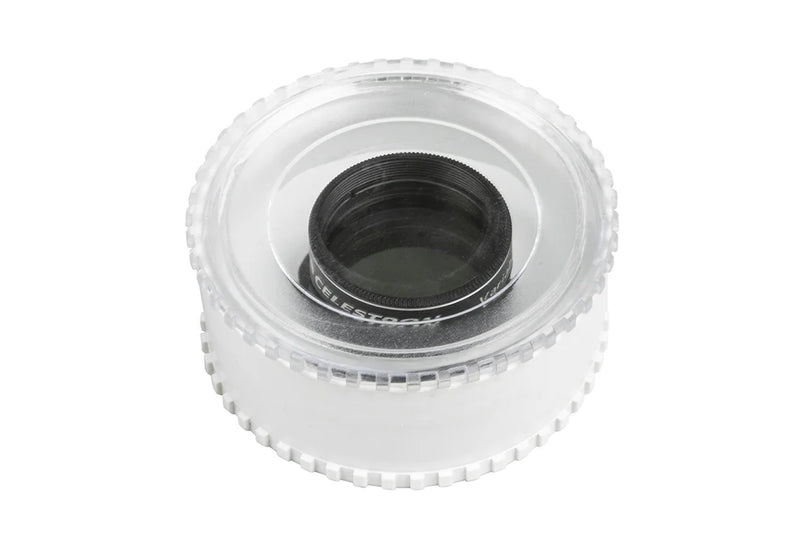 Celestron 1.25-inch Variable Polarizer filter for telescopes, adjustable for reducing glare and enhancing viewing clarity.