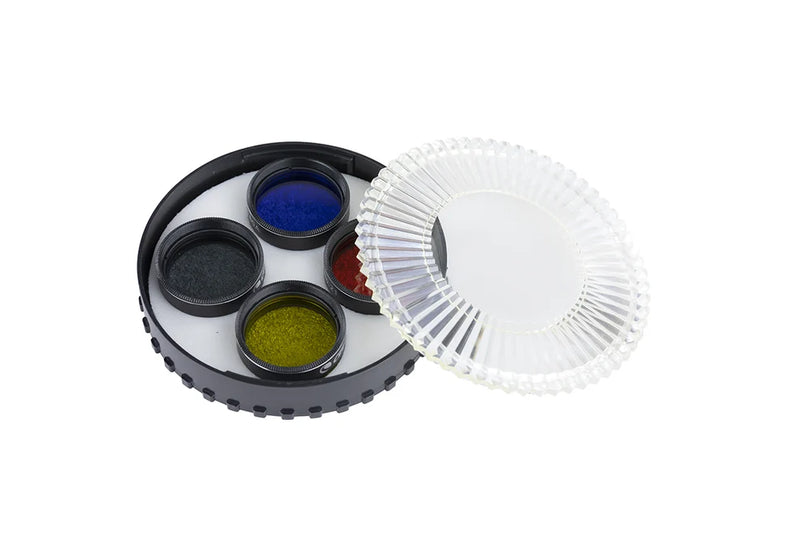 Celestron Lunar and Planetary Filter Set for 1.25-inch telescopes, includes various color filters for enhanced planetary viewing.