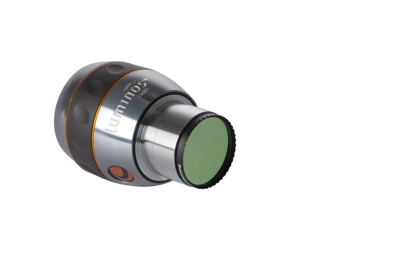 Celestron UHC/LPR 2-inch astrophotography filter mounted on a telescope, designed for enhanced night sky imaging and light pollution reduction.