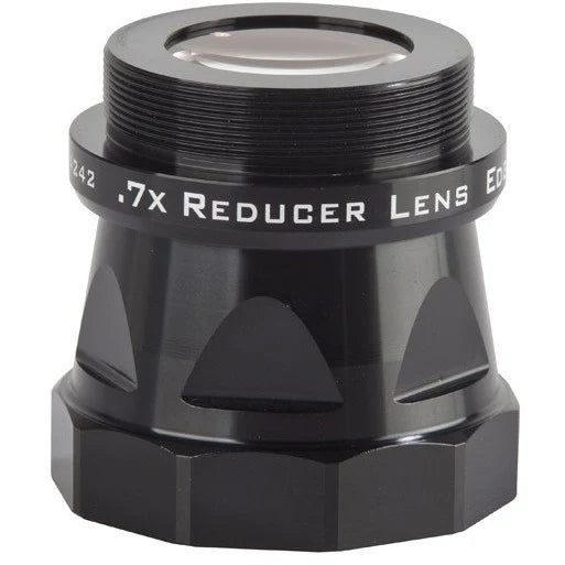 Celestron EdgeHD 800 reducer lens .7x attached to telescope, enhancing field of view for astrophotography and visual observation.
