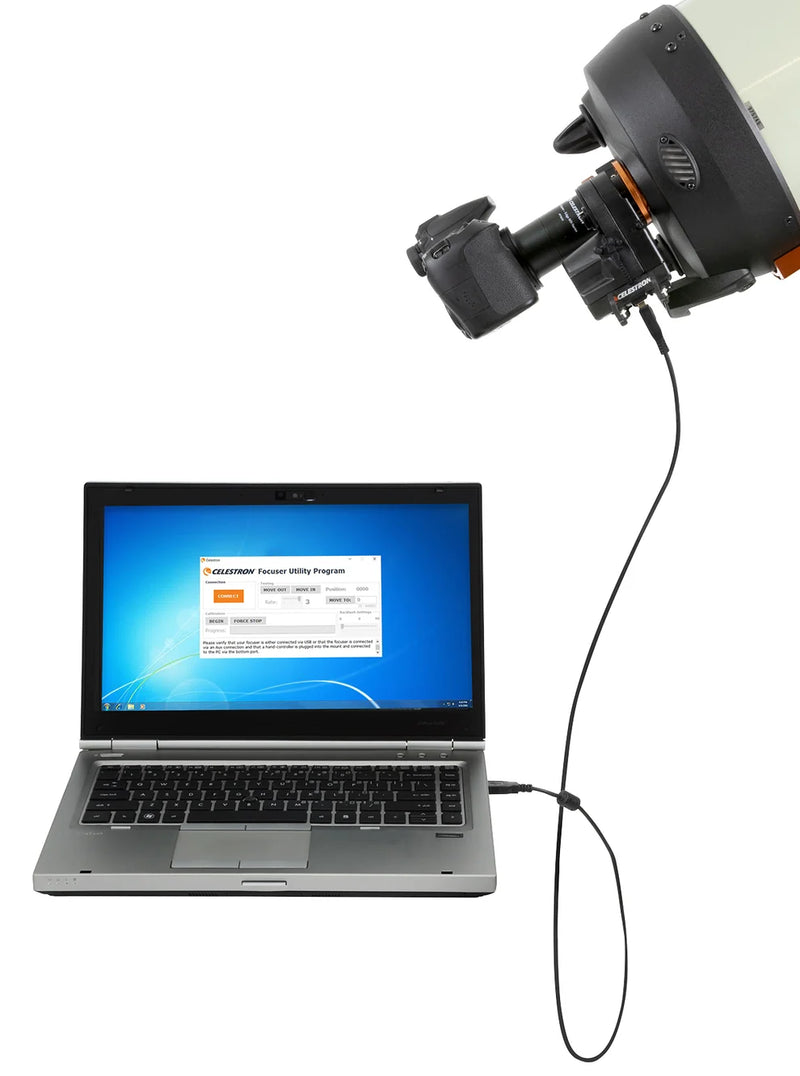 Celestron Focus Motor for SCT and EdgeHD telescopes, compact accessory for precise focus adjustment, shown on a white background.