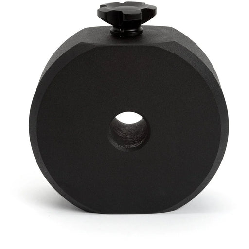 Celestron CGE Pro 22 lb counterweight for telescope mount, shown on a mount tripod in a close-up image.