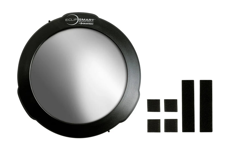Celestron EclipSmart Solar Filter installed on 8-inch SCT telescope, designed for safe solar viewing and astrophotography.