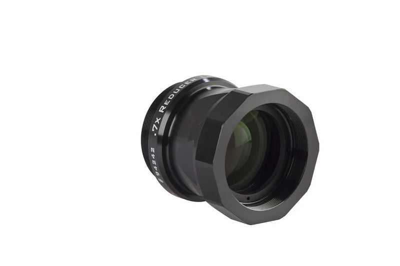 Celestron EdgeHD 800 reducer lens .7x, astrophotography accessory, shown attached to telescope optics in a clear, detailed image.