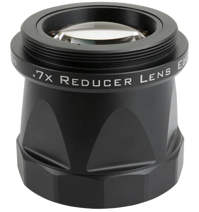 Celestron EdgeHD 9.25 .7x reducer lens for telescope accessories, shown attached to telescope optical tube.