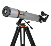 Celestron Starsense Explorer DX 102 refractor telescope with solar filter attached, ready for stargazing and solar observation.