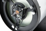 Celestron USB cooling fan attached to a Dobsonian telescope, designed to reduce temperature and improve viewing clarity.