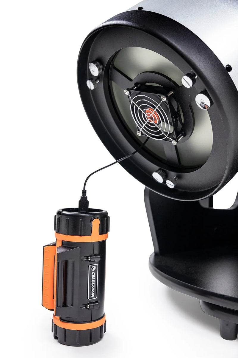 Celestron USB cooling fan for Dobsonian telescopes, compact accessory with fan blades and USB connector for improved cooling.