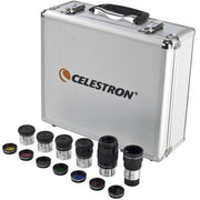 Celestron 1.25-inch eyepiece and filter kit with multiple eyepieces and filters for telescope accessories.