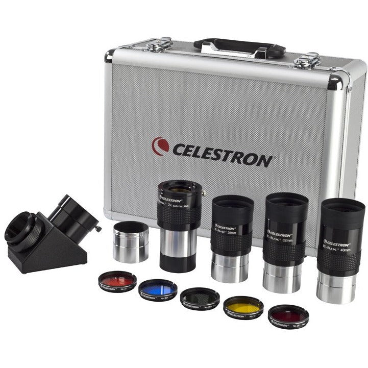 Celestron 2-inch eyepiece and filter kit with various accessories for telescopes, including eyepieces and filters.