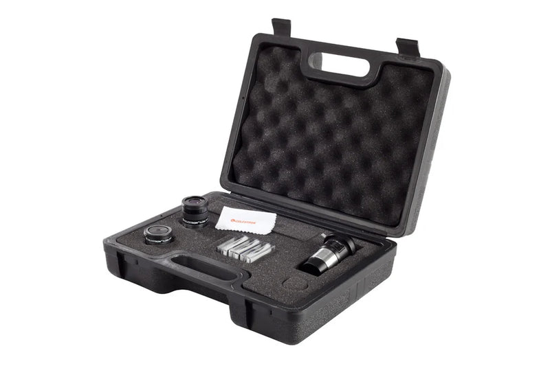 Celestron 1.25-inch Observer's Accessory Kit with eyepieces, filters, and tools for telescope viewing enhancement.