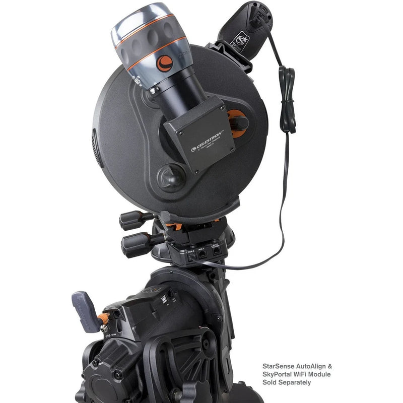 Celestron CGX-L computerized mount with cable management ports and tripod, showing auxiliary port area and organized wiring.