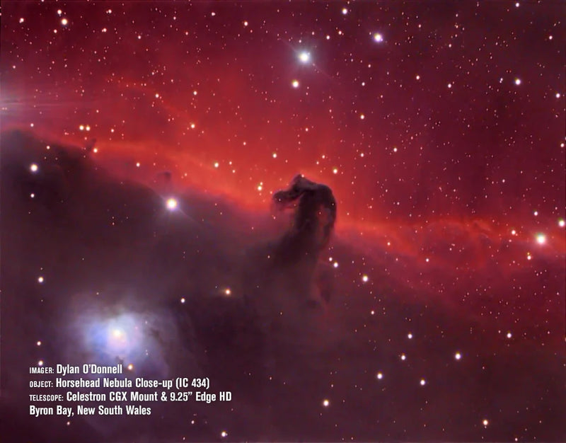 Celestron CGX 925 EdgeHD Schmidt-Cassegrain telescope set up outdoors with a horsehead nebula background, ready for astrophotography.