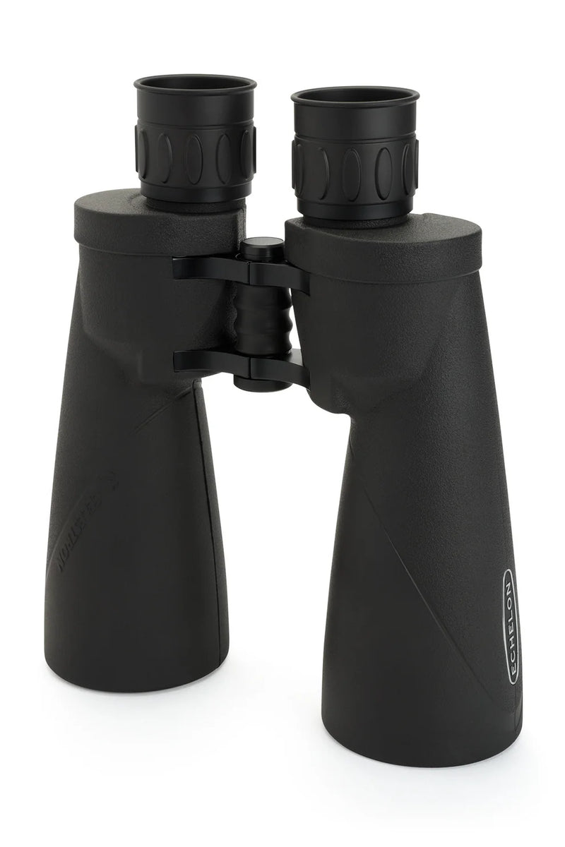 Celestron Echelon 20x70 Porro binoculars showing large objective lenses and detailed focusing mechanism